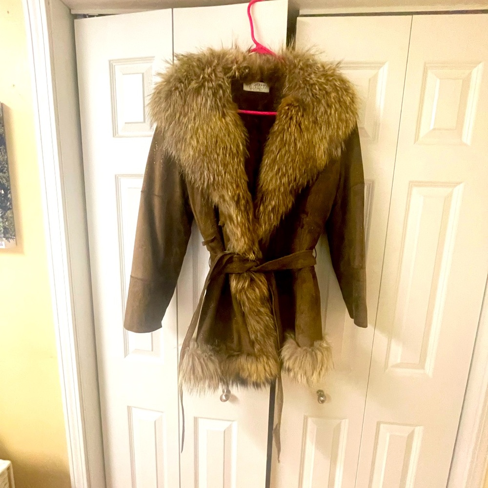 Vintage style suede coat lined with silver fox fur